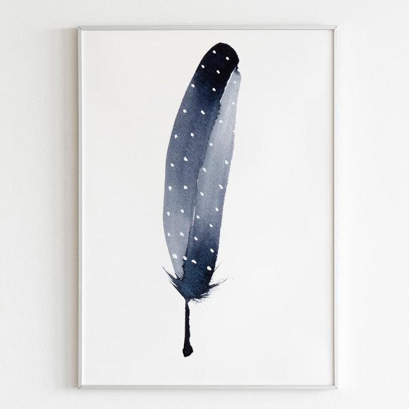 Boho blue and grey watercolor feather art print - Picture 2 of 2